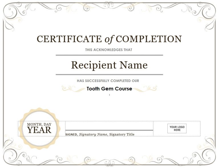 Certificate of Completion Tooth Gem Course Swarovski Tooth Crystals